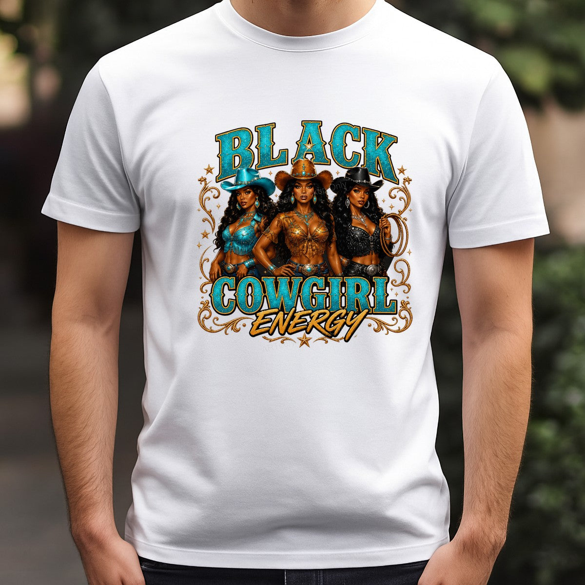 Western Heat Transfer Black Cowgirl Energy Trio Graphic for T Shirts Hoodies and Tote Bags - 3