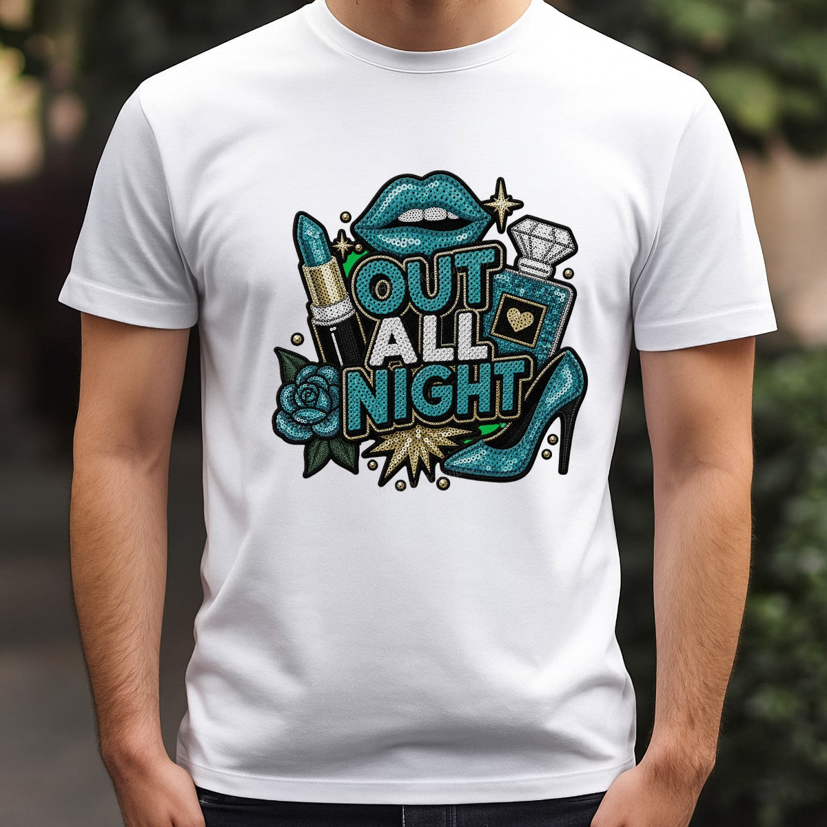 DTF Heat Transfer Out All Night Quote with Sequin Lips Lipstick and High Heel Graphic for Party Shirts Hoodies and Tote Bags - 3