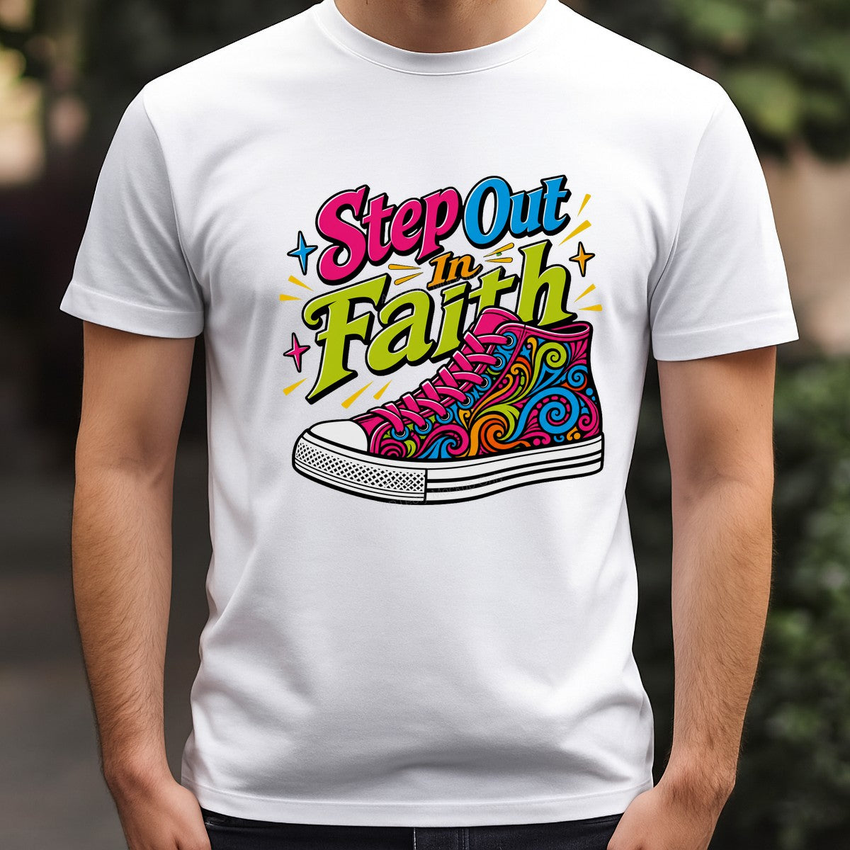 Christian Heat Transfer Step Out In Faith Quote with Colorful Sneaker Graphic for T Shirts Hoodies and Tote Bags - 3