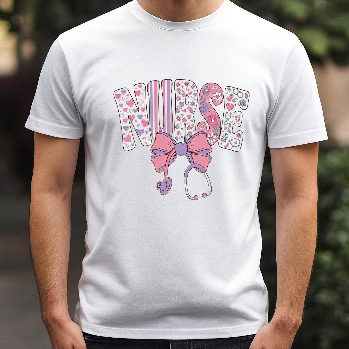 DTF Transfer Nurse Lettering with Pink Bow and Stethoscope Graphic for T Shirts Hoodies and Tote Bags - 3