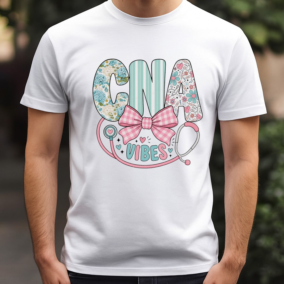 DTF Heat Transfer CNA Vibes Floral Stripe Stethoscope Graphic for T Shirts Hoodies and Nurse Gifts - 3