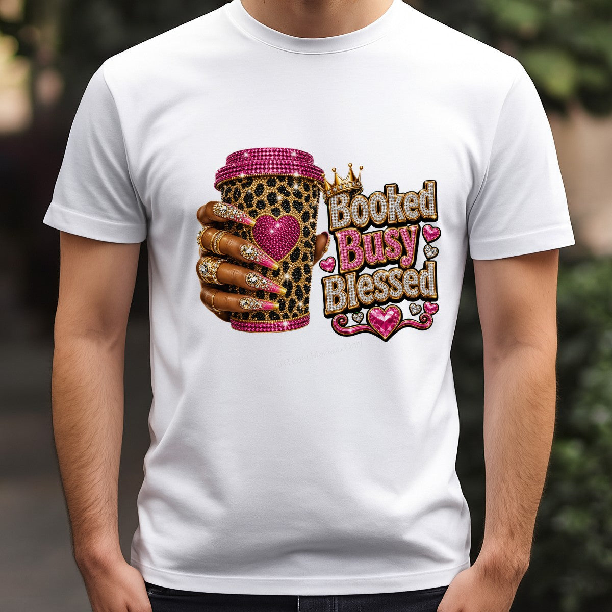 DTF Transfer Booked Busy Blessed Leopard Coffee Cup Bling Graphic for T Shirts Hoodies and Tote Bags - 3
