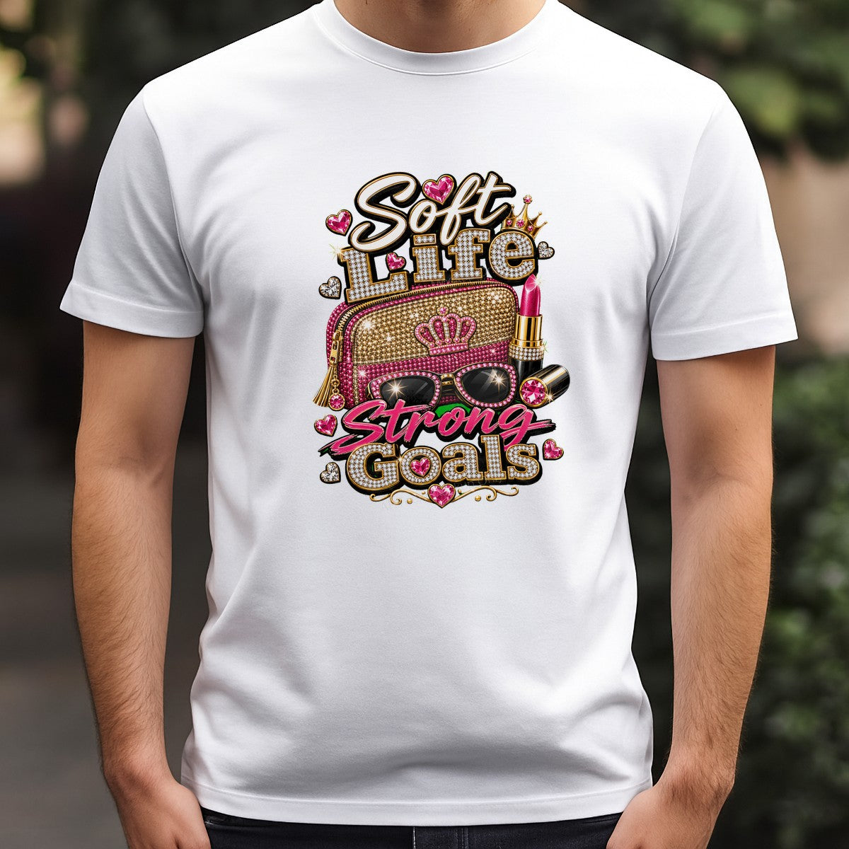 DTF Heat Transfer Soft Life Strong Goals Pink Rhinestone Purse and Lipstick Graphic for T Shirts Hoodies and Tote Bags - 3