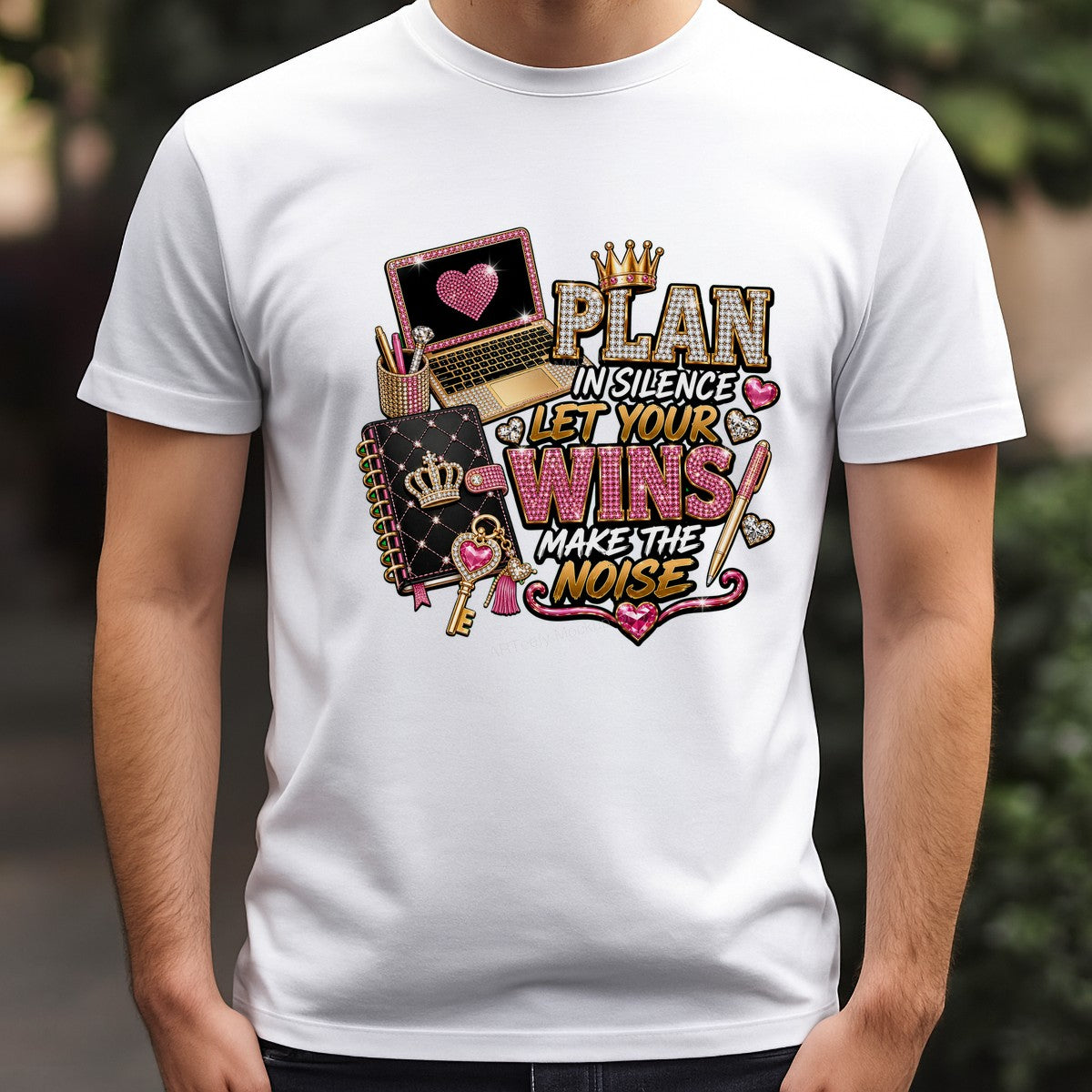 DTF Heat Transfer Plan In Silence Let Your Wins Make The Noise Pink Rhinestone Laptop and Planner Graphic for T Shirts Hoodies and Tote Bags - 3