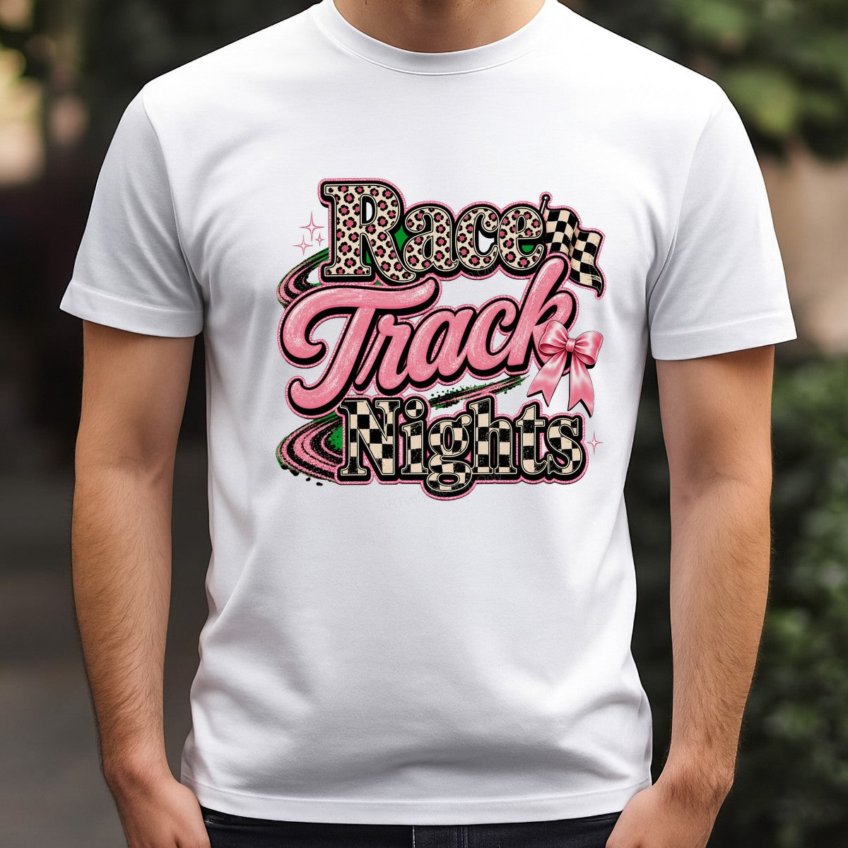 DTF Heat Transfer Race Track Nights Leopard Print Checkered Flag Pink Bow Graphic for T Shirts Hoodies and Tote Bags - 3