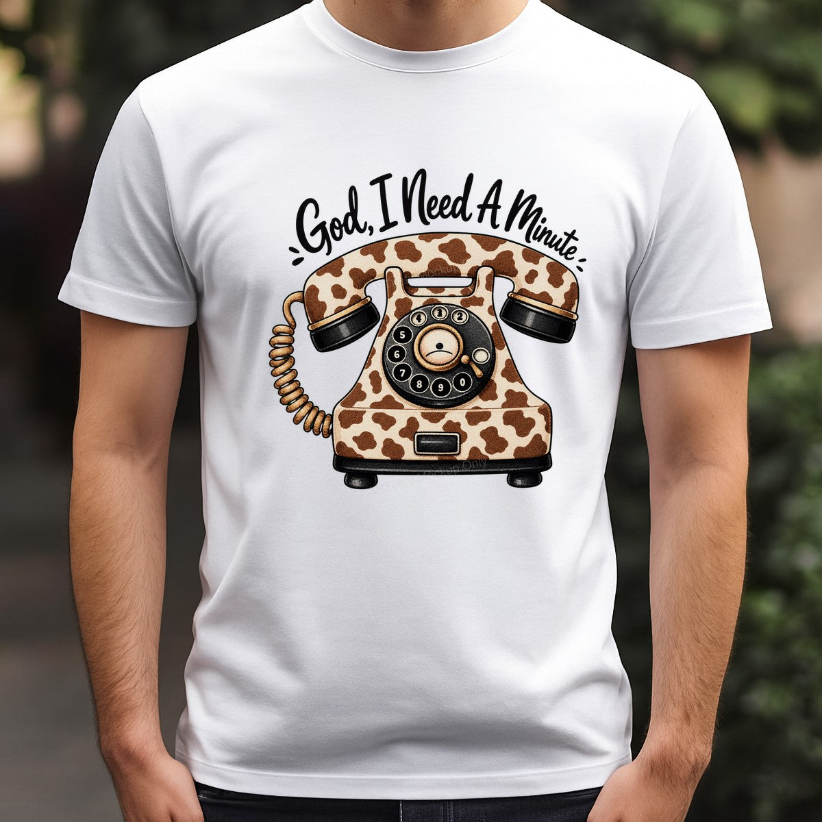 Christian Heat Transfer “God I Need A Minute” Cow Print Retro Phone Graphic for T Shirts Hoodies and Tote Bags - 3