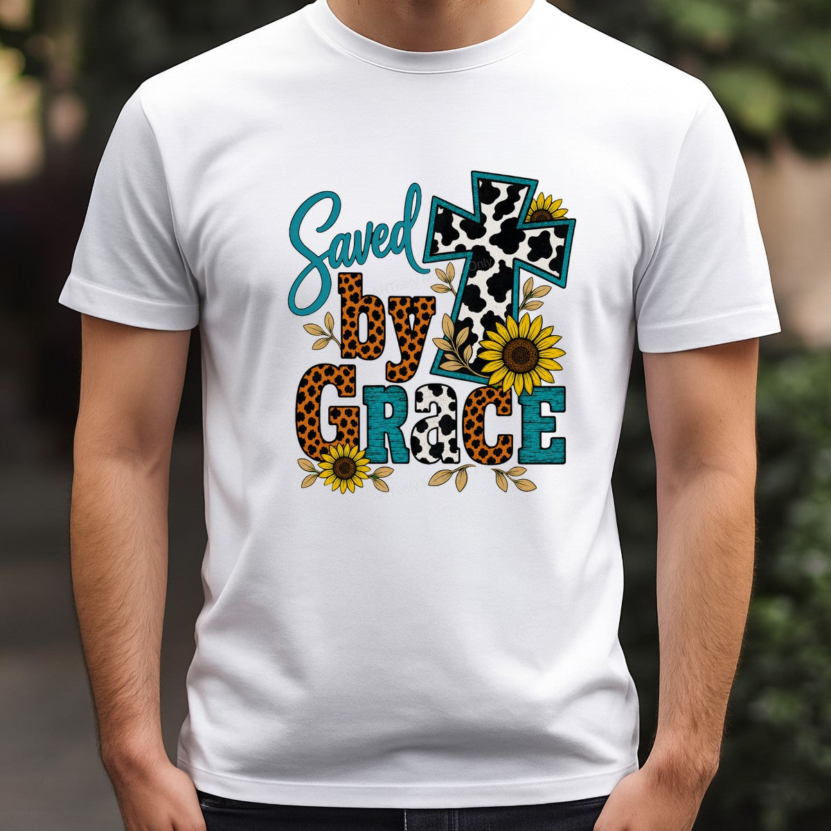 Christian Heat Transfer Saved By Grace Cow Print Cross with Leopard Sunflowers for T Shirts Hoodies and Tote Bags - 3