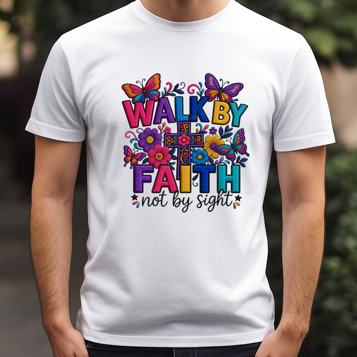 Christian Heat Transfer Walk By Faith Not By Sight Floral Cross and Butterfly Graphic for T Shirts Hoodies and Tote Bags - 3