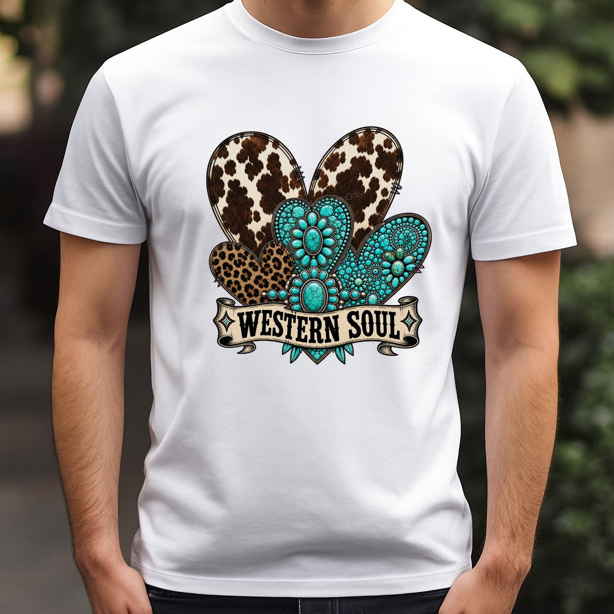 Western Heat Transfer Western Soul Turquoise Concho and Cow Print Hearts Graphic for T Shirts Hoodies and Tote Bags - 3