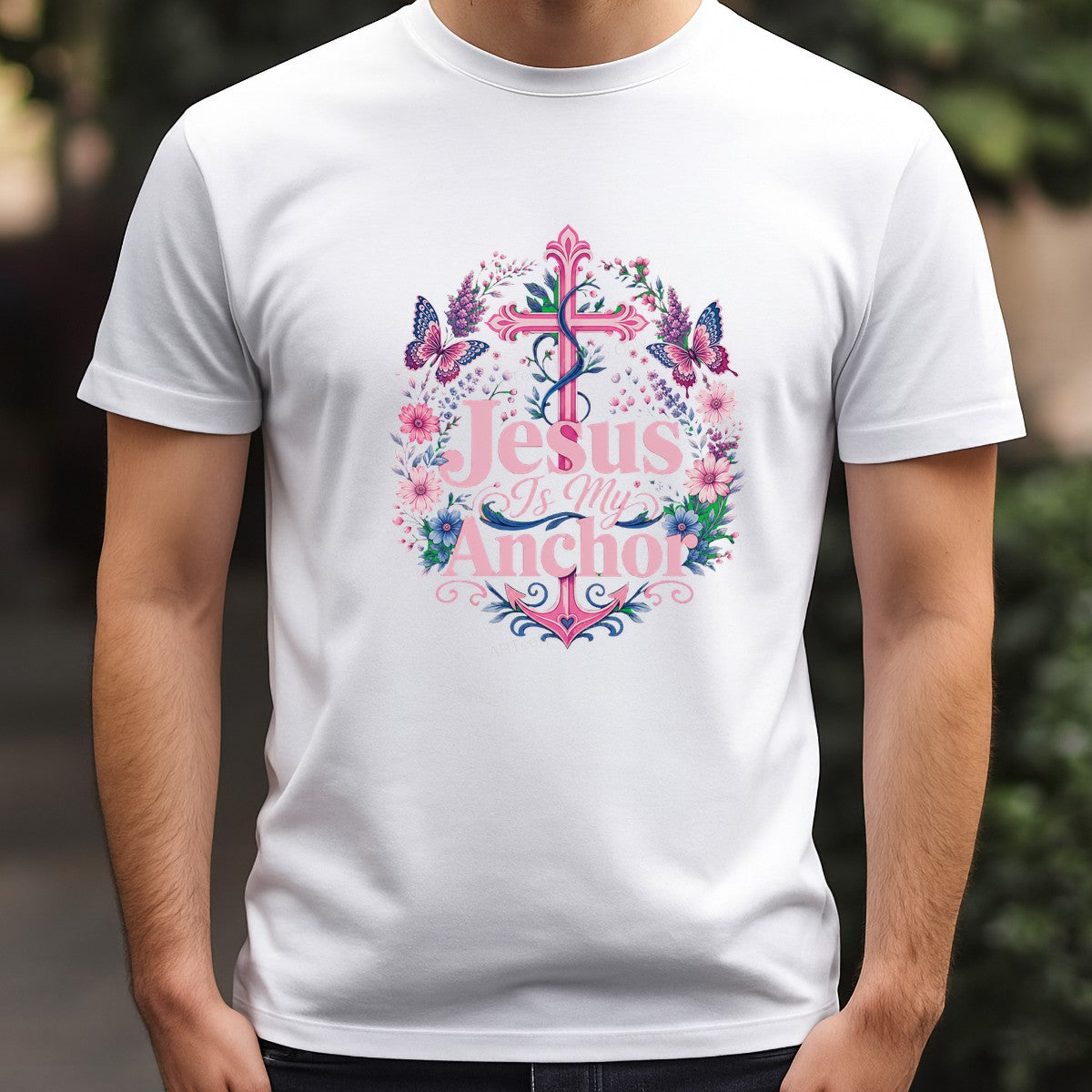 Christian Heat Transfer Jesus Is My Anchor Floral Cross and Butterfly Graphic for T Shirts Hoodies and Tote Bags - 3