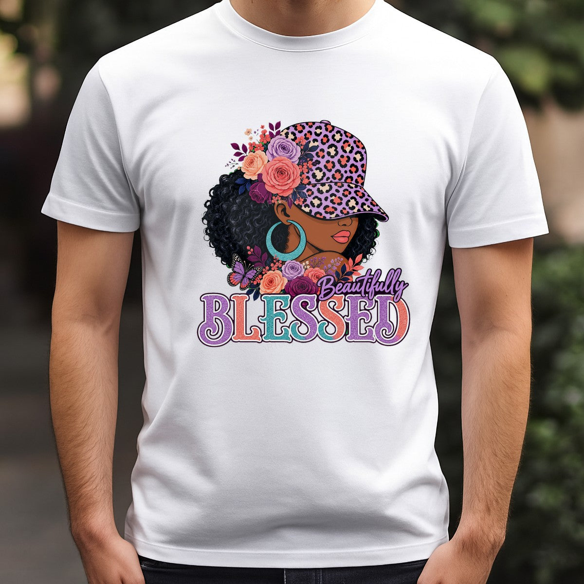 DTF Heat Transfer Beautifully Blessed Black Woman Leopard Hat Floral Graphic for T Shirts Hoodies and Tote Bags - 3