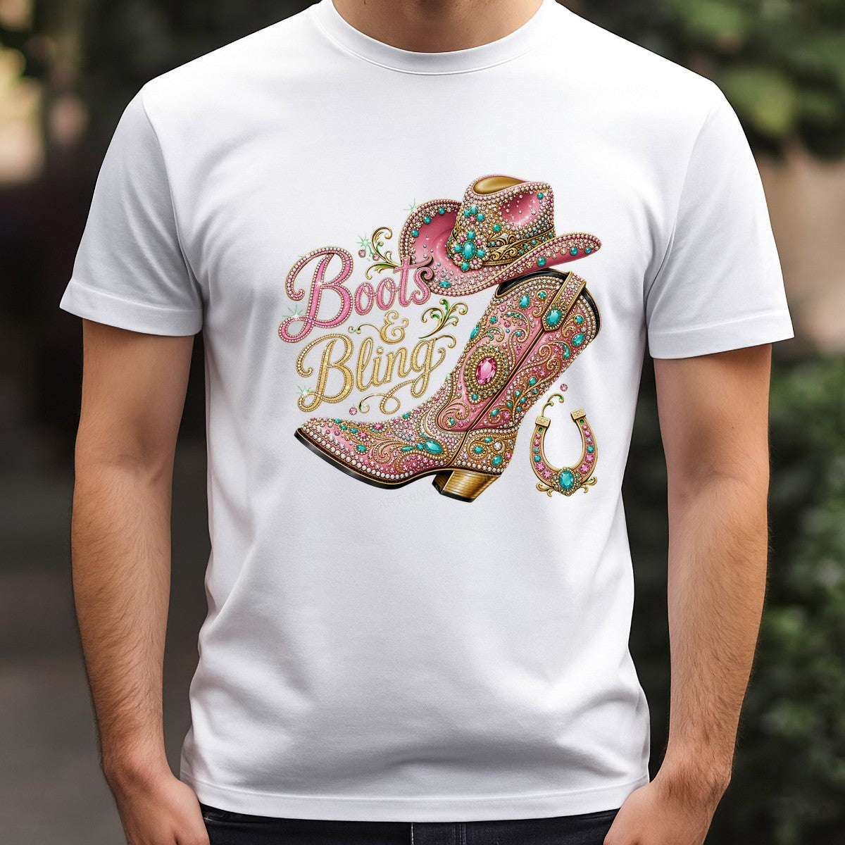 Western Heat Transfer Boots and Bling Pink Rhinestone Cowgirl Boot and Hat Graphic for T Shirts Hoodies and Tote Bags - 3