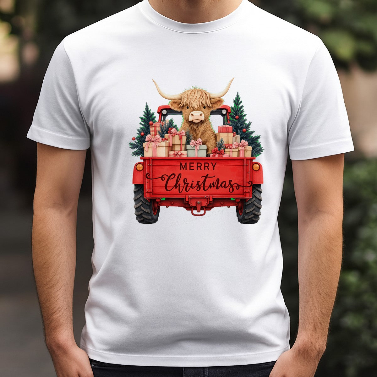 DTF Heat Transfer Merry Christmas Highland Cow in Red Truck Graphic for Holiday Shirts and Gifts - 3