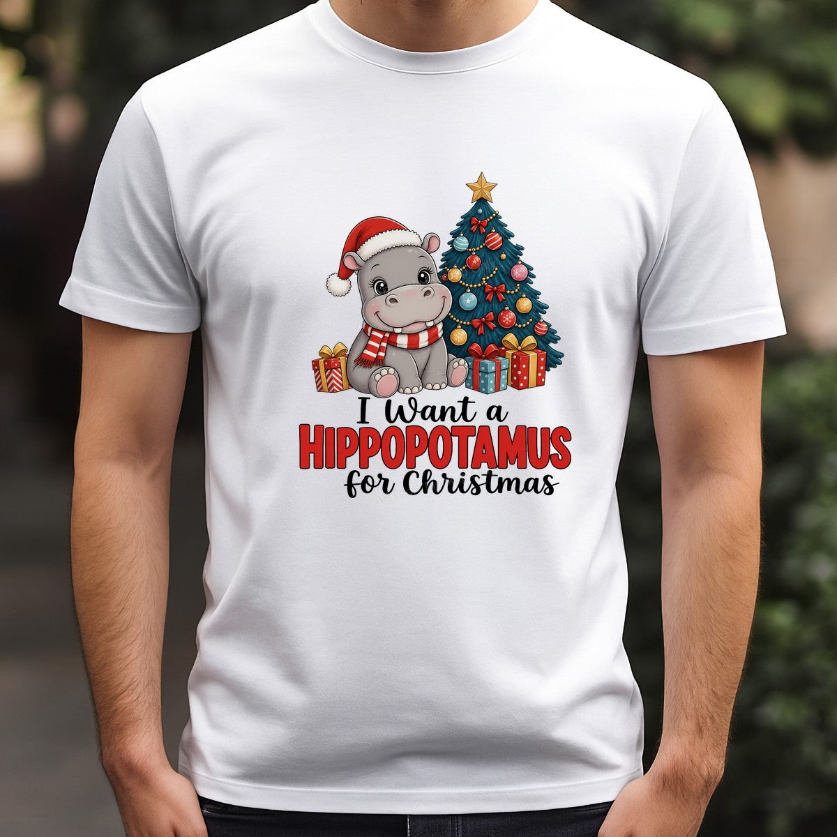 DTF Transfer I Want a Hippopotamus for Christmas Santa Hippo and Tree Graphic for Holiday Shirts and Gifts - 3
