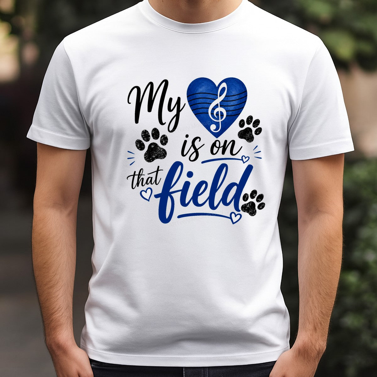 DTF Transfer My Heart Is On That Field Blue Heart Paw Print Music Note Graphic for T Shirts Hoodies and Game Day Apparel - 3