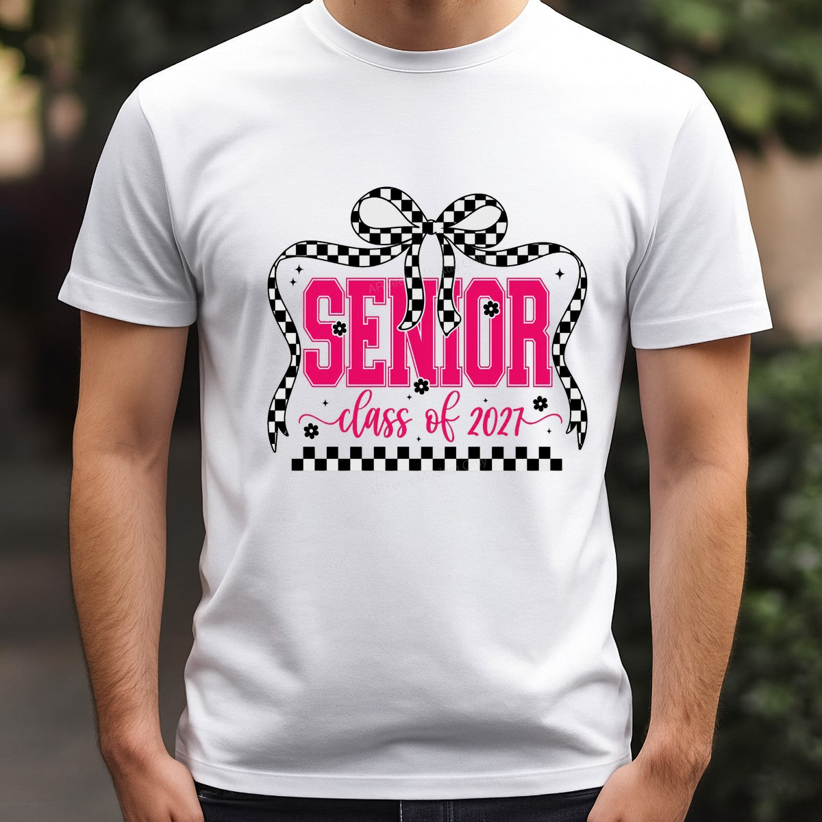 DTF Heat Transfer Senior Class of 2027 Checkered Bow Pink Lettering Graphic for T Shirts Hoodies and Graduation Gifts - 3