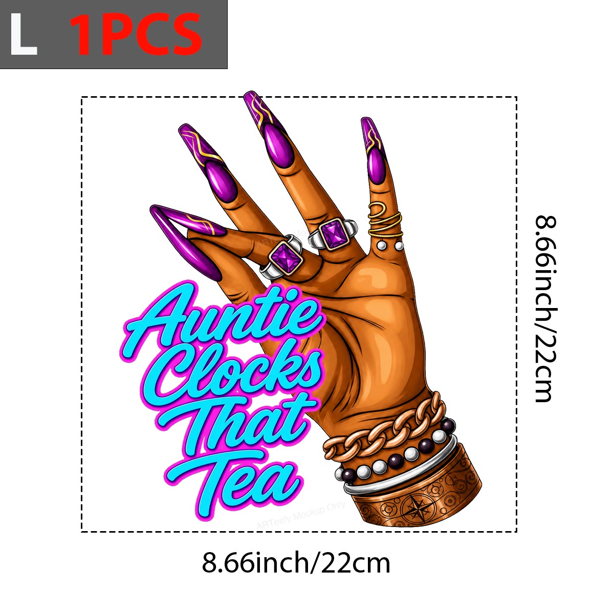 Funny Graphic Transfer Auntie Clocks That Tea Hand with Long Purple Nails Design for T Shirts Hoodies and Tote Bags - 3