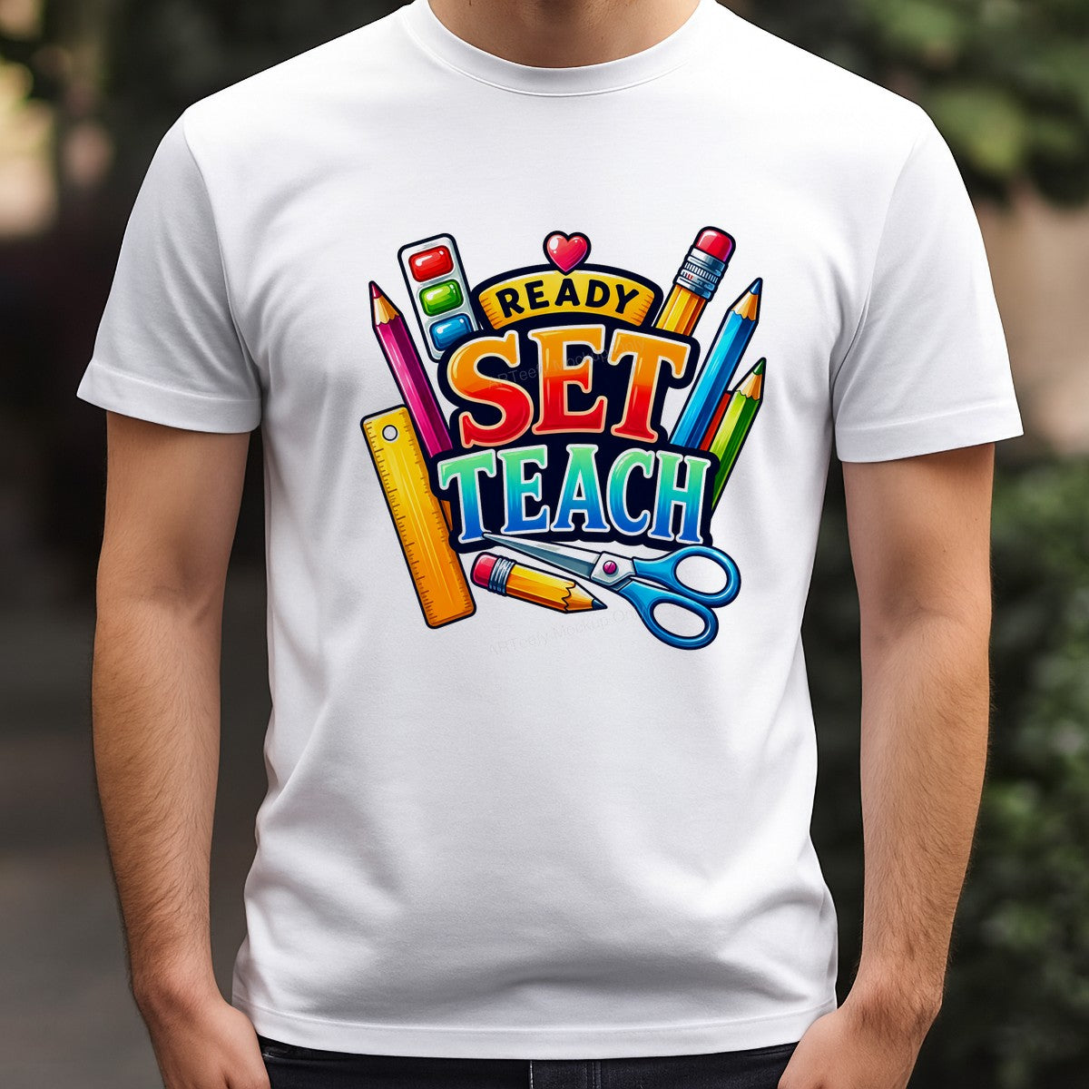 DTF Heat Transfer Ready Set Teach Teacher Quote with Colorful School Supplies Graphic for T Shirts Hoodies and Tote Bags - 3