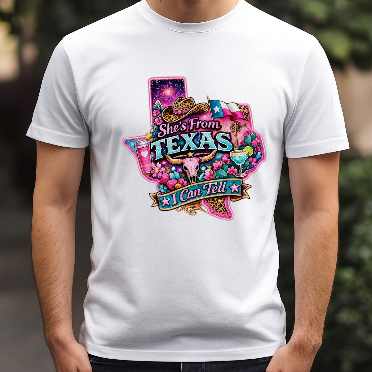 DTF Heat Transfer She’s From Texas I Can Tell Western Cow Skull and Cactus Graphic for T Shirts Hoodies and Tote Bags - 3