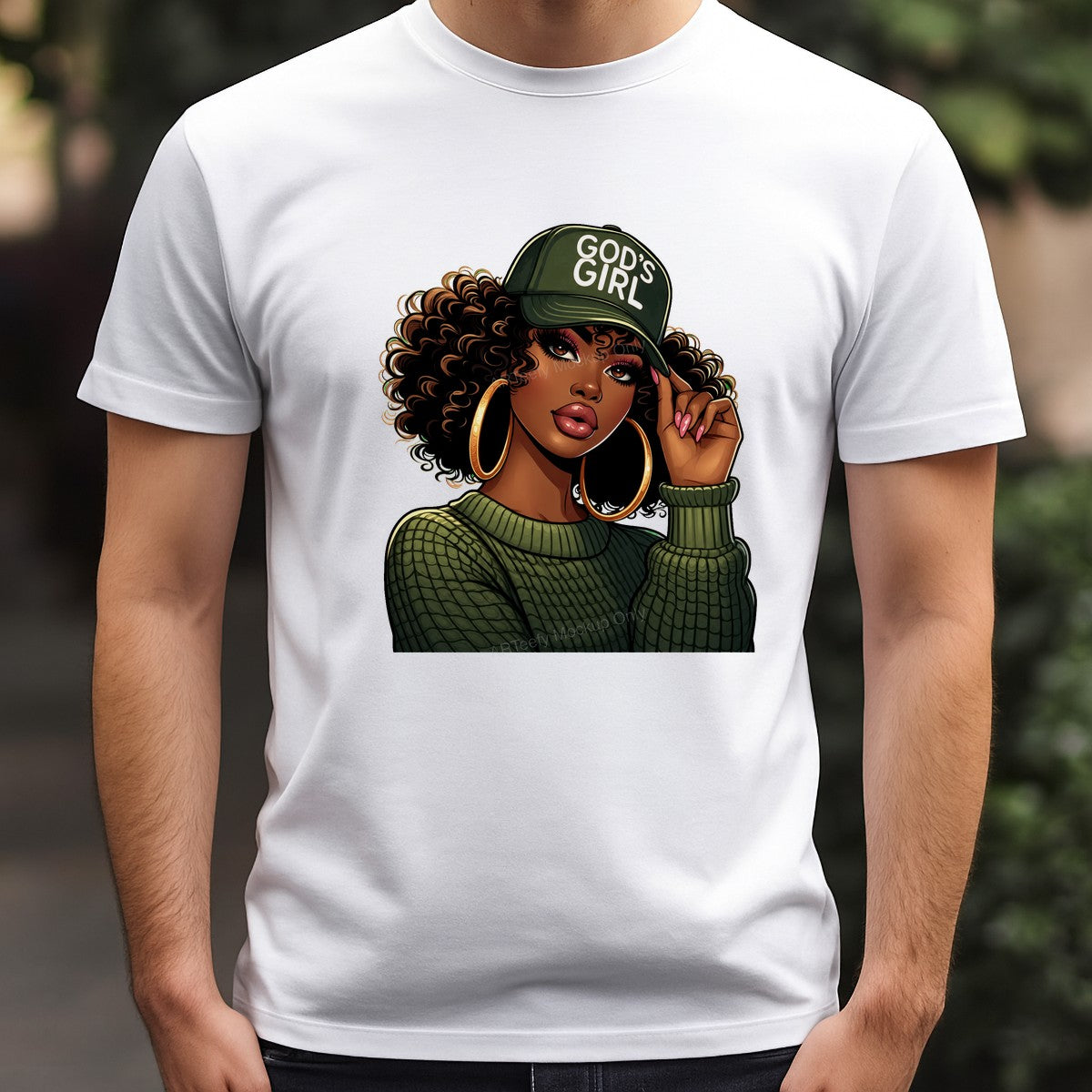 Christian Heat Transfer God’s Girl Afro Woman Graphic with Green Hat for T Shirts Hoodies and Tote Bags - 3