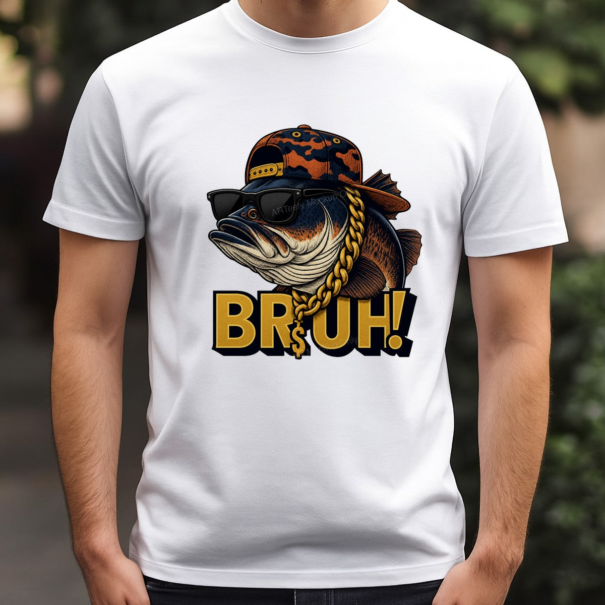 Funny Graphic Transfer Bruh Bass Fish with Sunglasses and Gold Chain Streetwear Design for T Shirts Hoodies and Fishing Apparel - 3