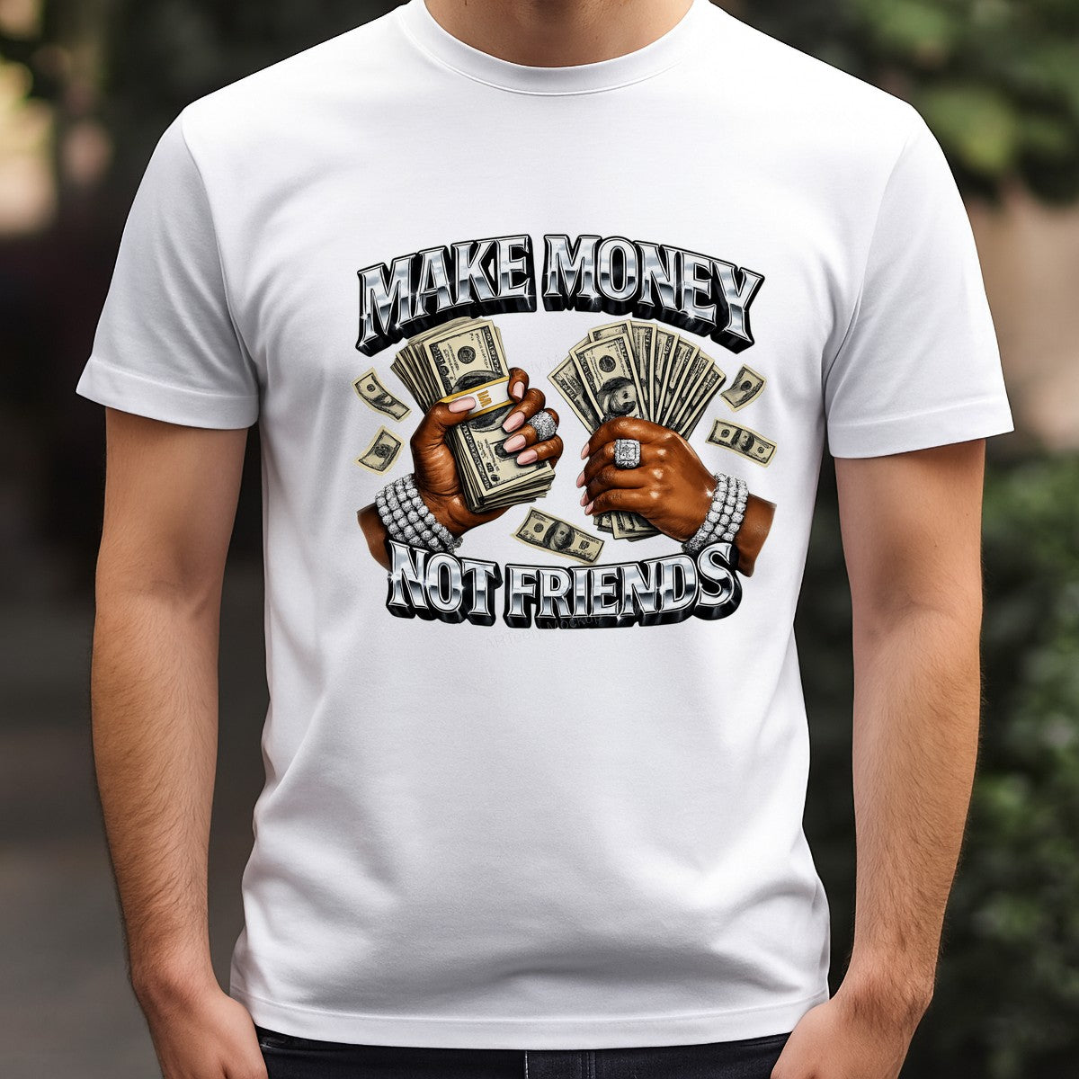 DTF Transfer Make Money Not Friends Cash Hands Chrome Lettering Graphic for T Shirts Hoodies and Streetwear Apparel - 3