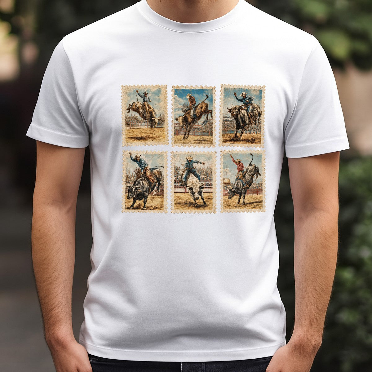 Western Heat Transfer Vintage Rodeo Bull Rider Postage Stamp Graphic for T Shirts Hoodies and Tote Bags - 3