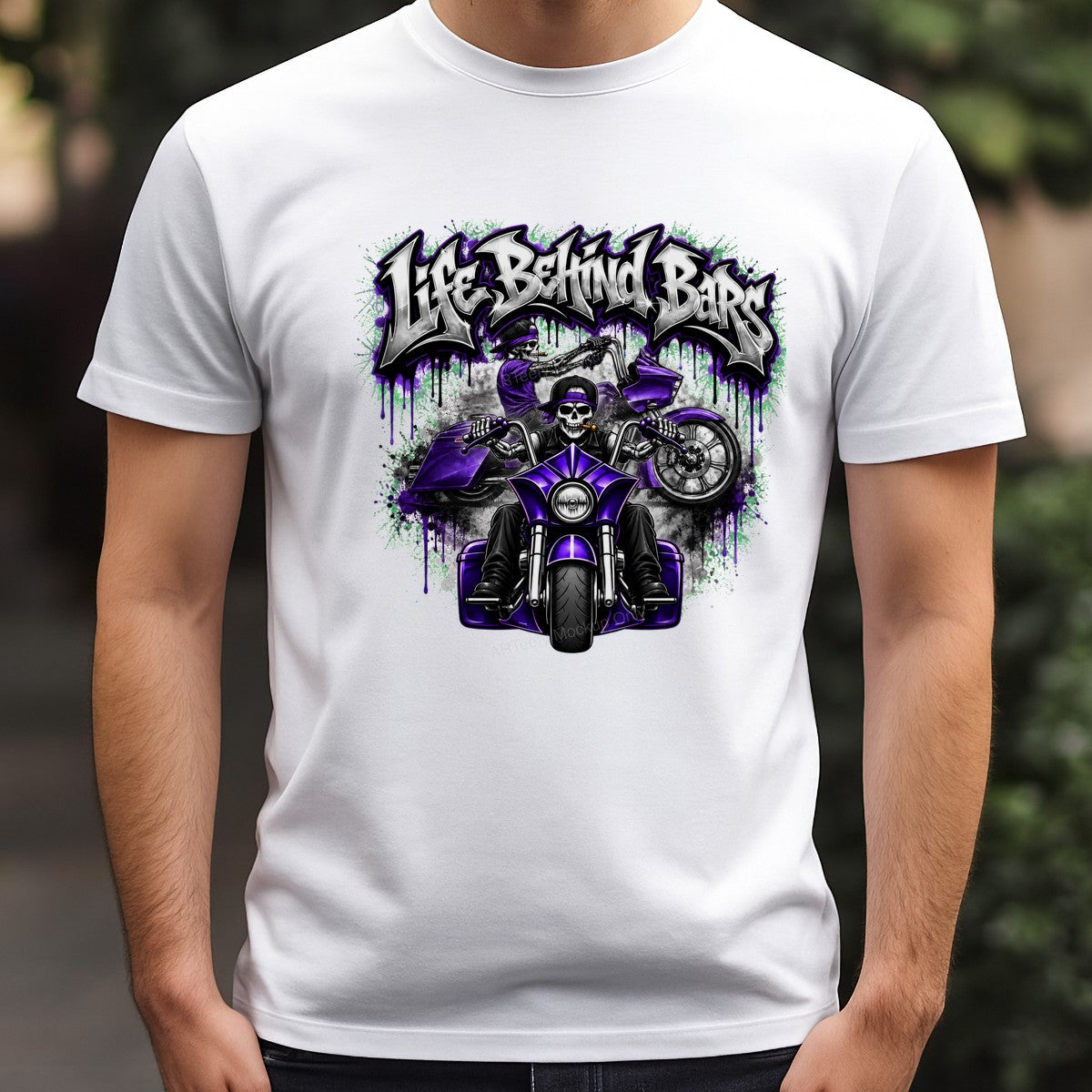 DTF Heat Transfer Life Behind Bars Skeleton Biker Purple Motorcycle Graphic for T Shirts Hoodies and Biker Apparel - 3