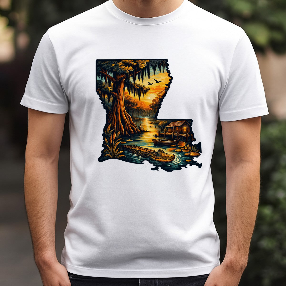 DTF Heat Transfer Louisiana Bayou Sunset with Alligator and Cabin Graphic for T Shirts Hoodies and Tote Bags - 3