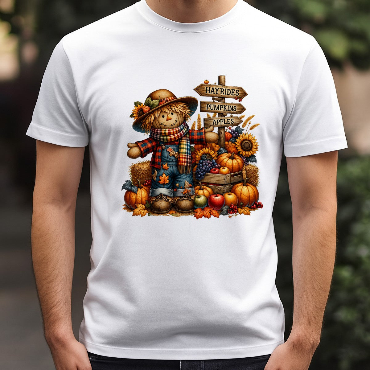 DTF Transfer Cute Fall Scarecrow with Pumpkins Sunflowers and Hayrides Sign Graphic for T Shirts Hoodies and Tote Bags - 3