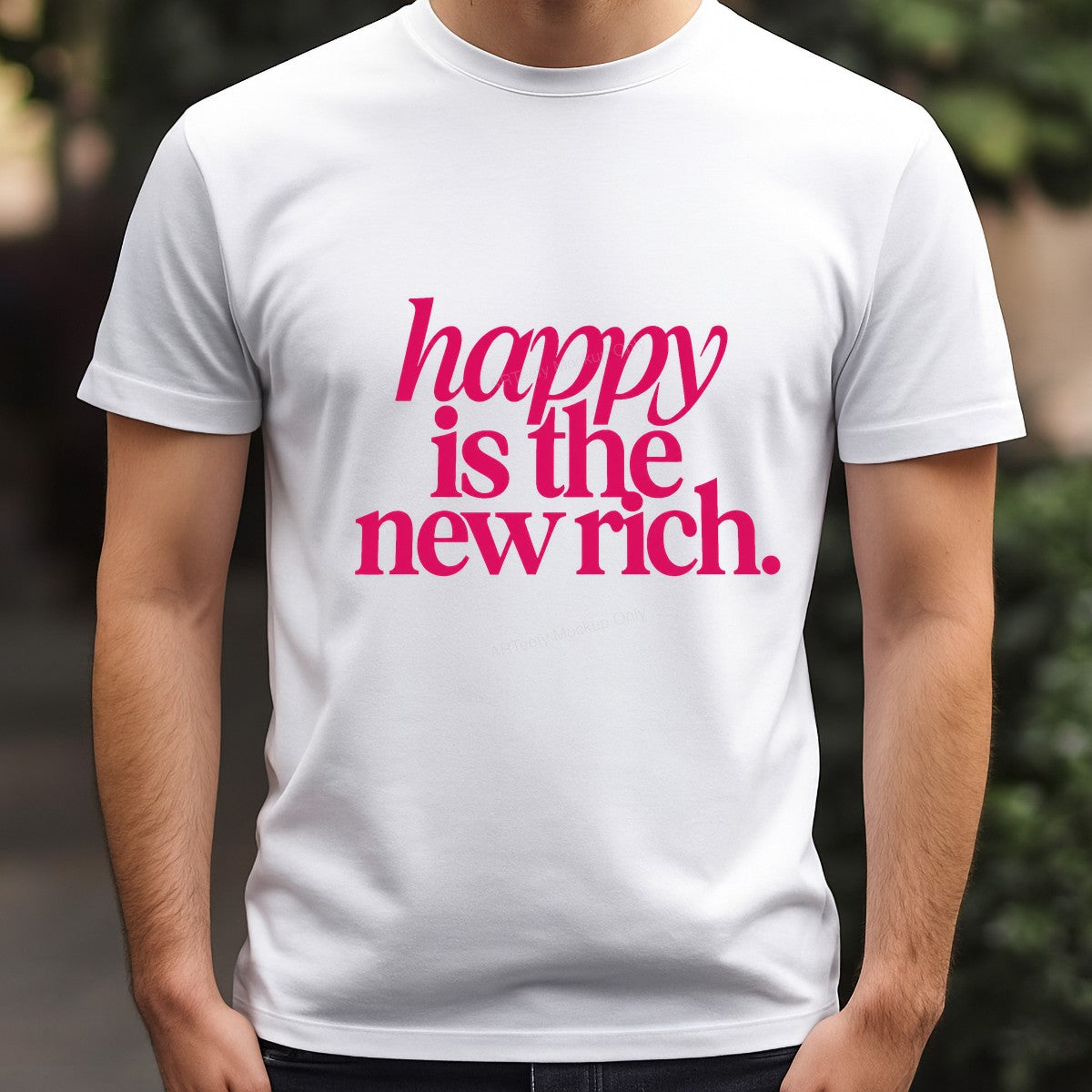 DTF Transfer Happy Is The New Rich Quote Bold Pink Typography Graphic for T Shirts Hoodies and Tote Bags - 3
