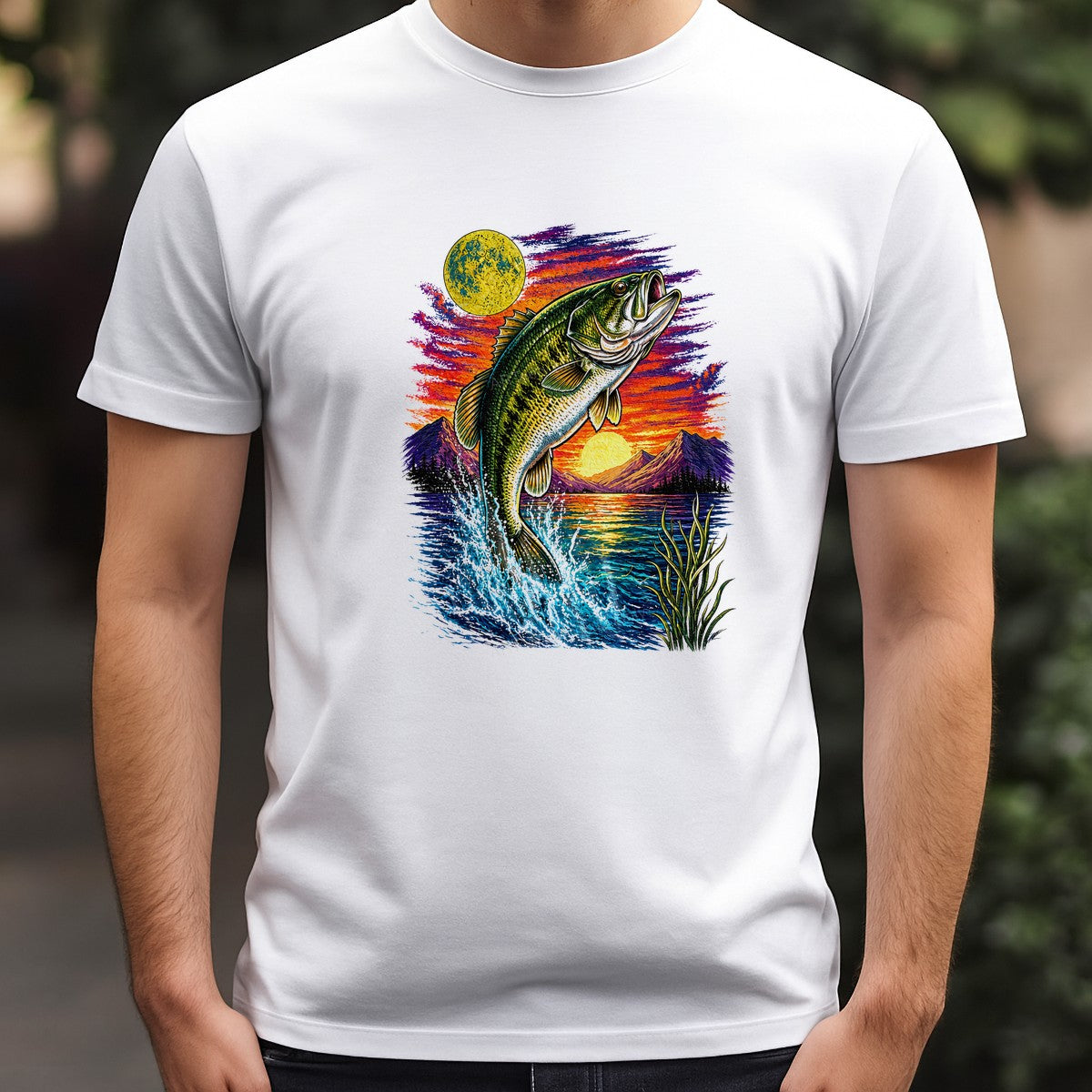 DTF Heat Transfer Jumping Bass Fish Sunset Lake Graphic for Fishing T Shirts Hoodies and Gifts - 3