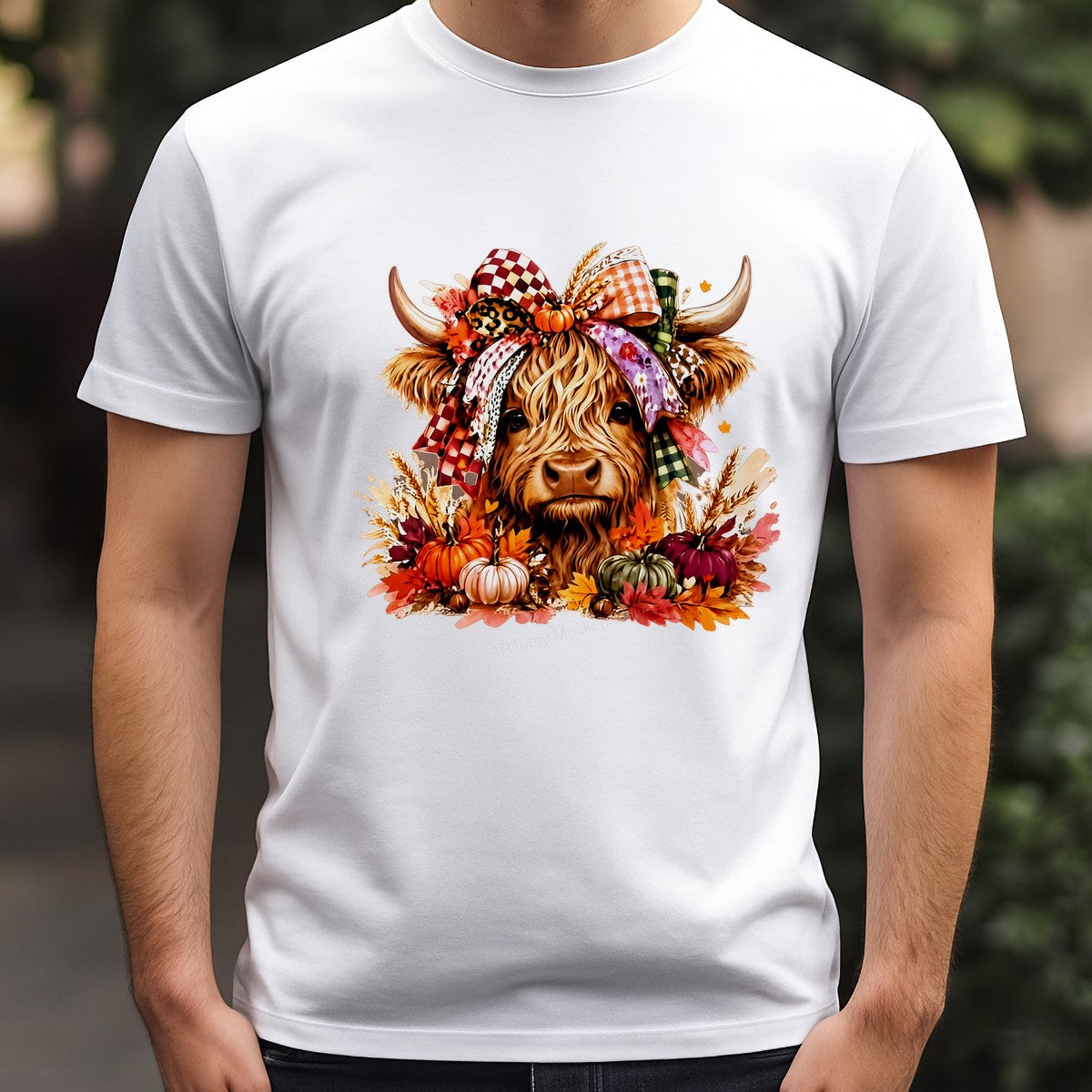 DTF Heat Transfer Highland Cow with Fall Pumpkins Plaid Bow Graphic for T Shirts Hoodies and Tote Bags - 3