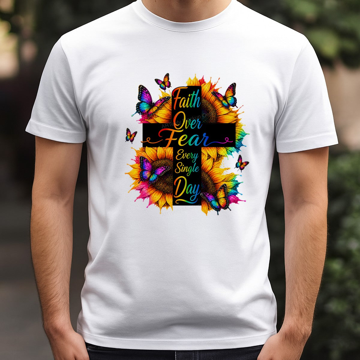 Christian Heat Transfer Faith Over Fear Every Single Day Cross with Sunflowers and Butterflies for T Shirts Hoodies and Tote Bags - 3