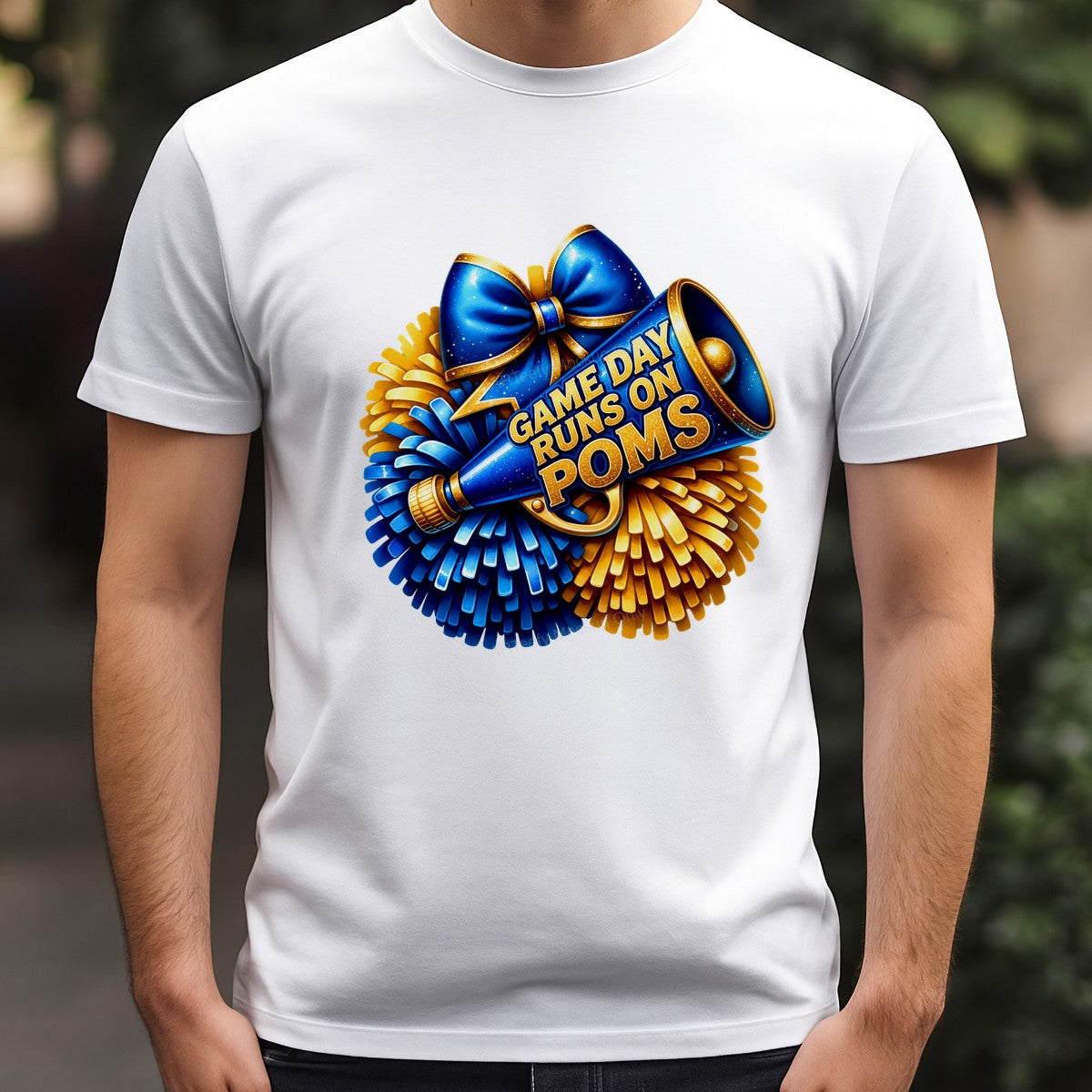 DTF Transfer Game Day Runs On Poms Cheer Megaphone and Pom Pom Graphic for T Shirts Hoodies and Tote Bags - 3