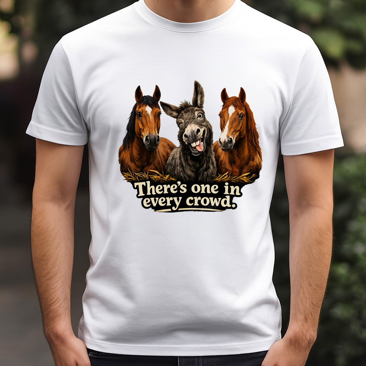 Funny Graphic Transfer “There’s One in Every Crowd” Silly Donkey with Horses Cartoon Design for T Shirts Hoodies and Casual Wear - 3
