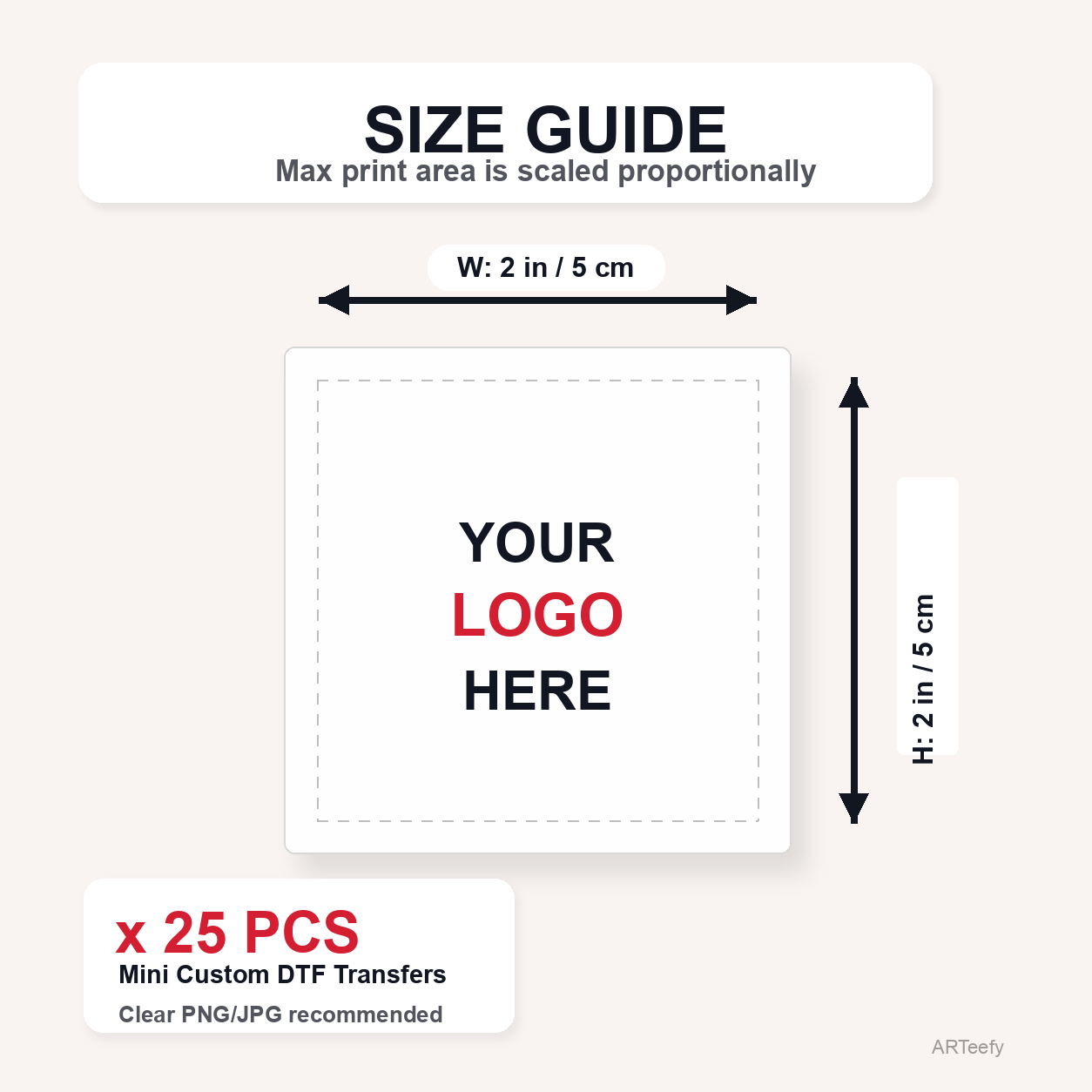 25pcs Custom 2 inch Mini DTF Iron On Transfer [5×5cm] Ready to Press Personalized Heat Transfer Sticker for Neck Label, Sleeve, Hat, Pocket Logo DIY Your Own Design