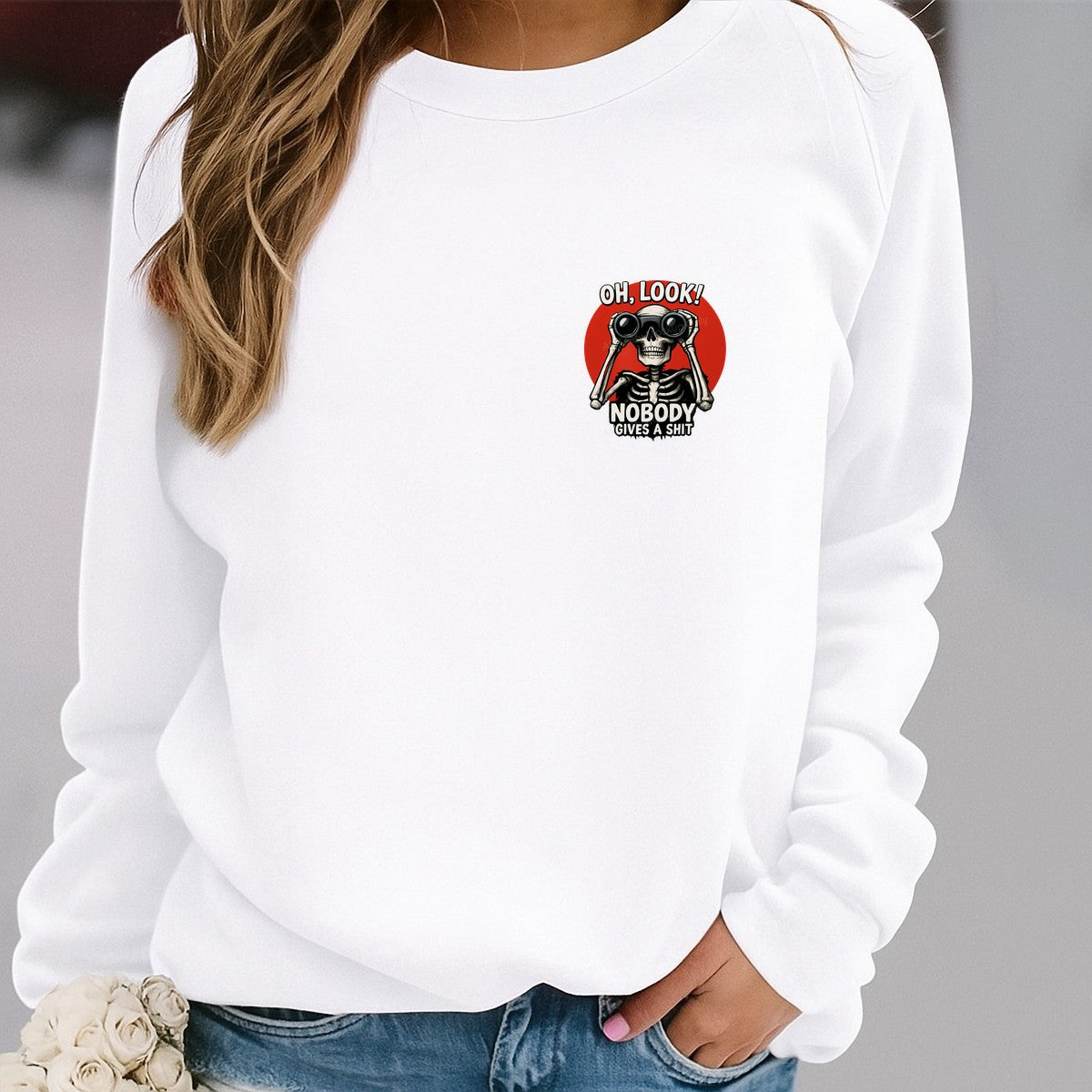 Funny Graphic Transfer Oh Look Nobody Cares Skeleton with Binoculars Design for T Shirts Hoodies and Tote Bags - 4