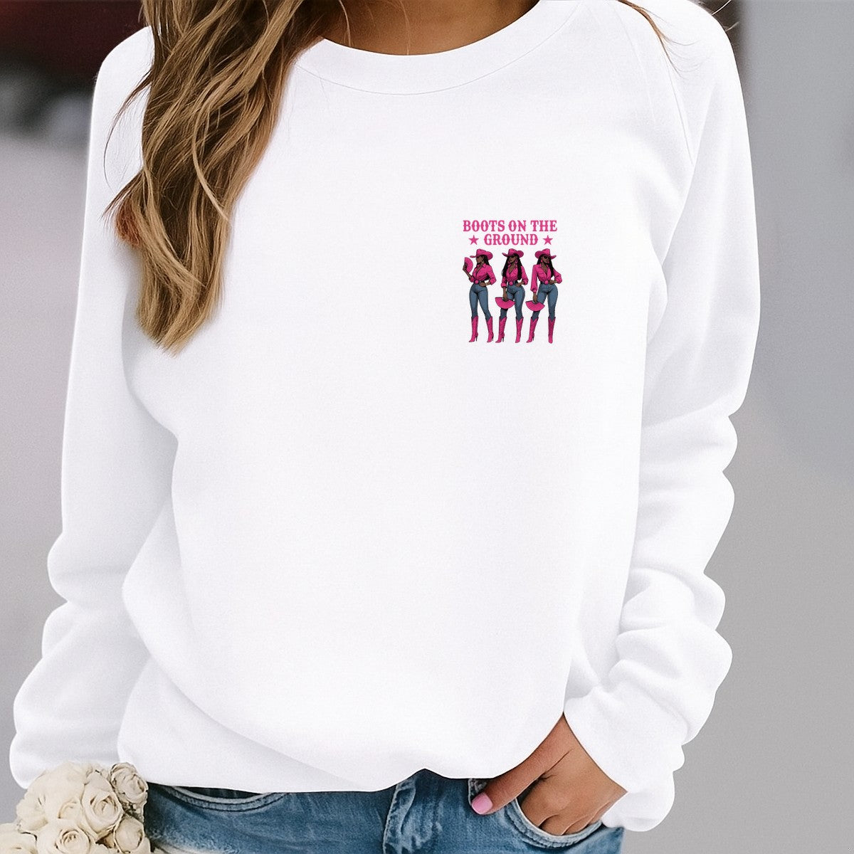 DTF Heat Transfer Iron On Sticker Boots On The Ground Western Cowgirl Style Pink Shirt and Jeans for Apparel Bags Jackets and Home Decor - 4
