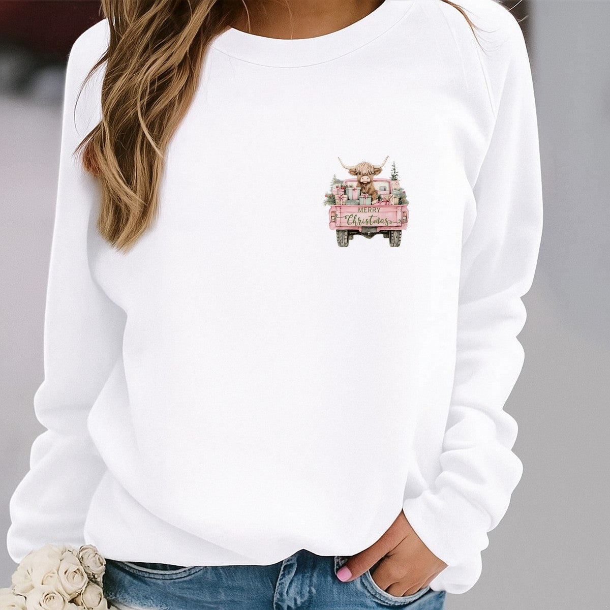 DTF Heat Transfer Iron On Sticker Heat Transfer Designs Ready to Press Christmas Highland Cow with Presents in Pink Truck for Holiday Apparel Local Warehouse - 4