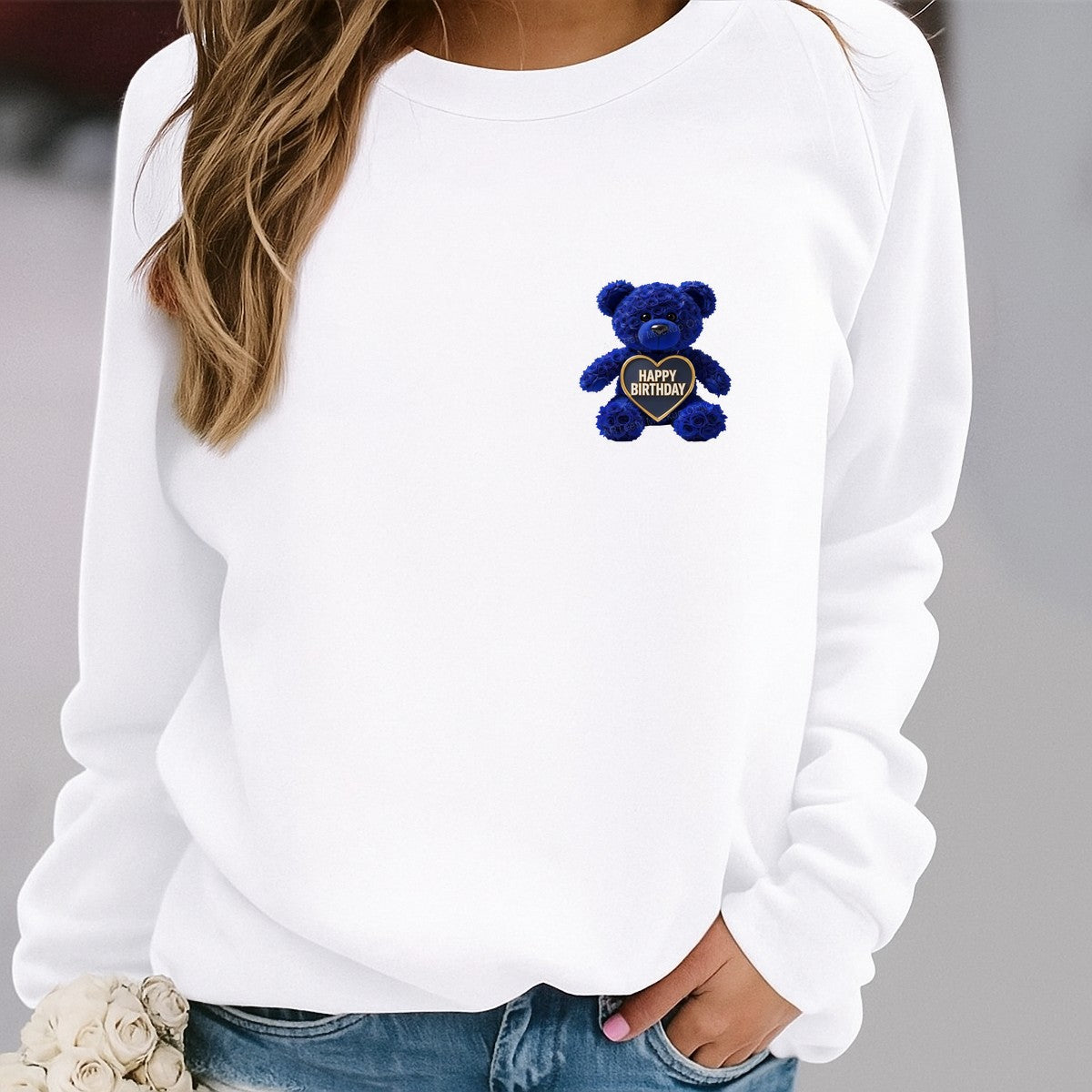 DTF Transfer Happy Birthday Blue Rose Teddy Bear Heart Graphic for T Shirts Hoodies and Gifts - 4