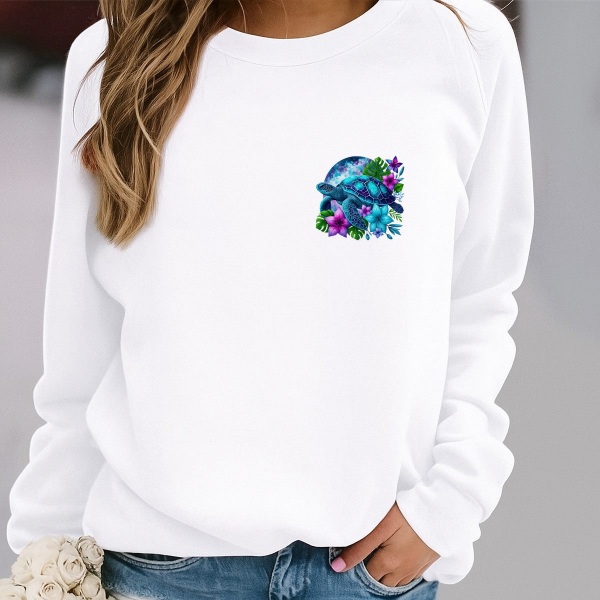 DTF Heat Transfer Galaxy Sea Turtle with Tropical Flowers Neon Art Graphic for T Shirts Hoodies and Tote Bags - 4