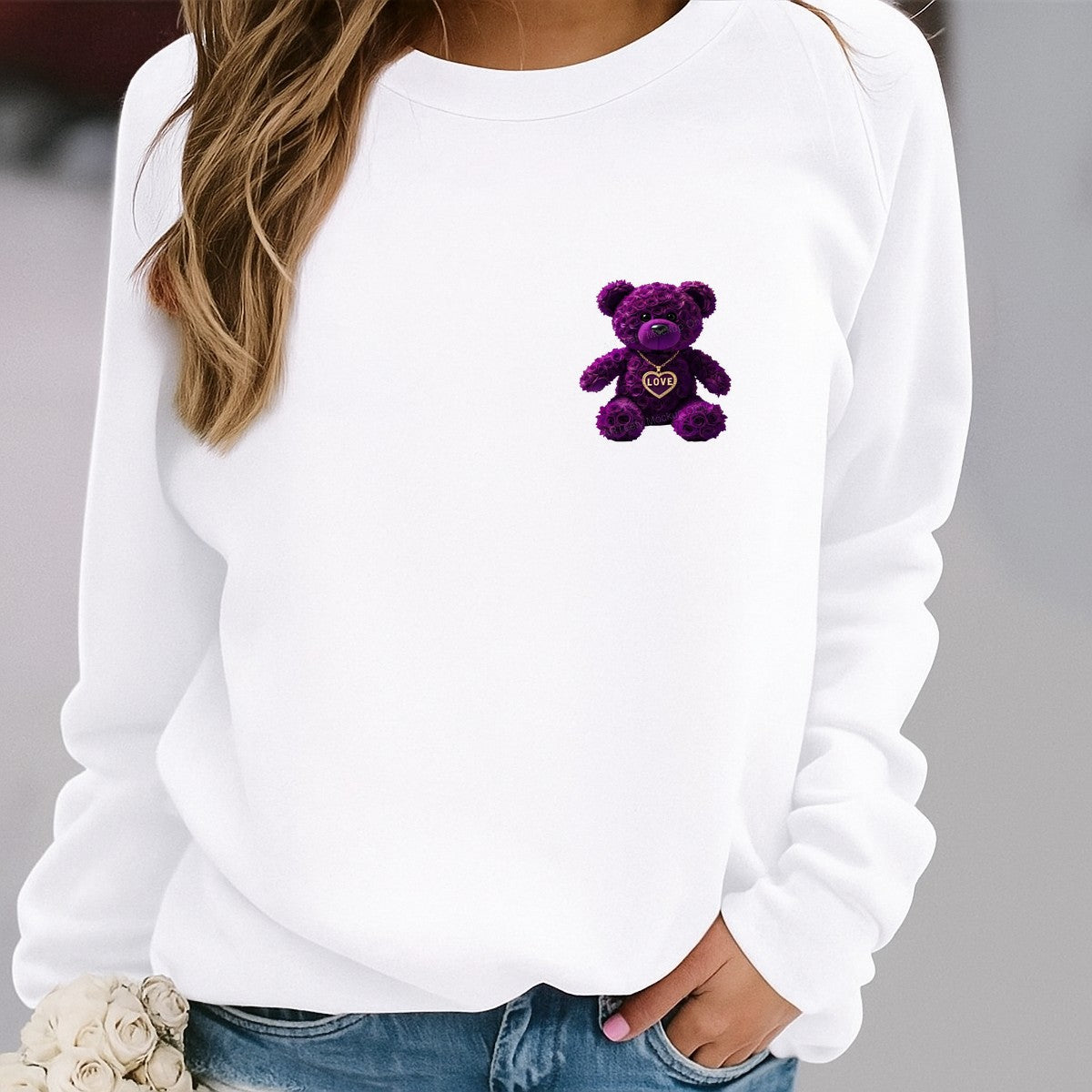 DTF Transfer Purple Rose Teddy Bear with Gold Love Heart Necklace Graphic for T Shirts Hoodies and Valentine Gifts - 4