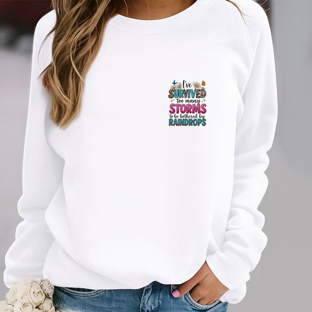 DTF Heat Transfer I’ve Survived Too Many Storms Quote with Daisies Butterflies and Retro Lettering for T Shirts Hoodies and Tote Bags - 4