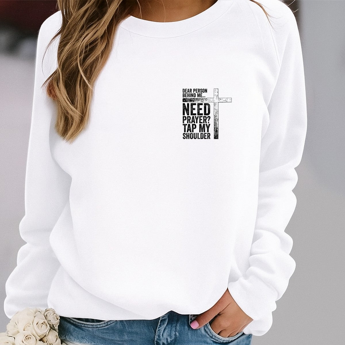 Christian Heat Transfer Need Prayer Tap My Shoulder Quote with Distressed Cross Graphic for T Shirts Hoodies and Tote Bags - 4