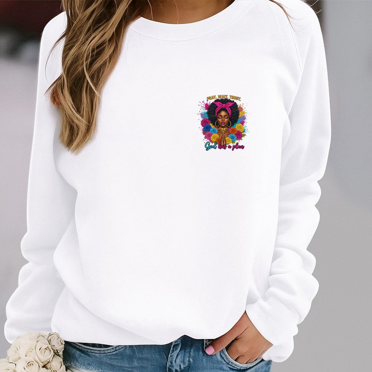 Christian Heat Transfer Pray Wait Trust God Has a Plan Afro Woman with Colorful Roses for T Shirts Hoodies and Tote Bags - 4