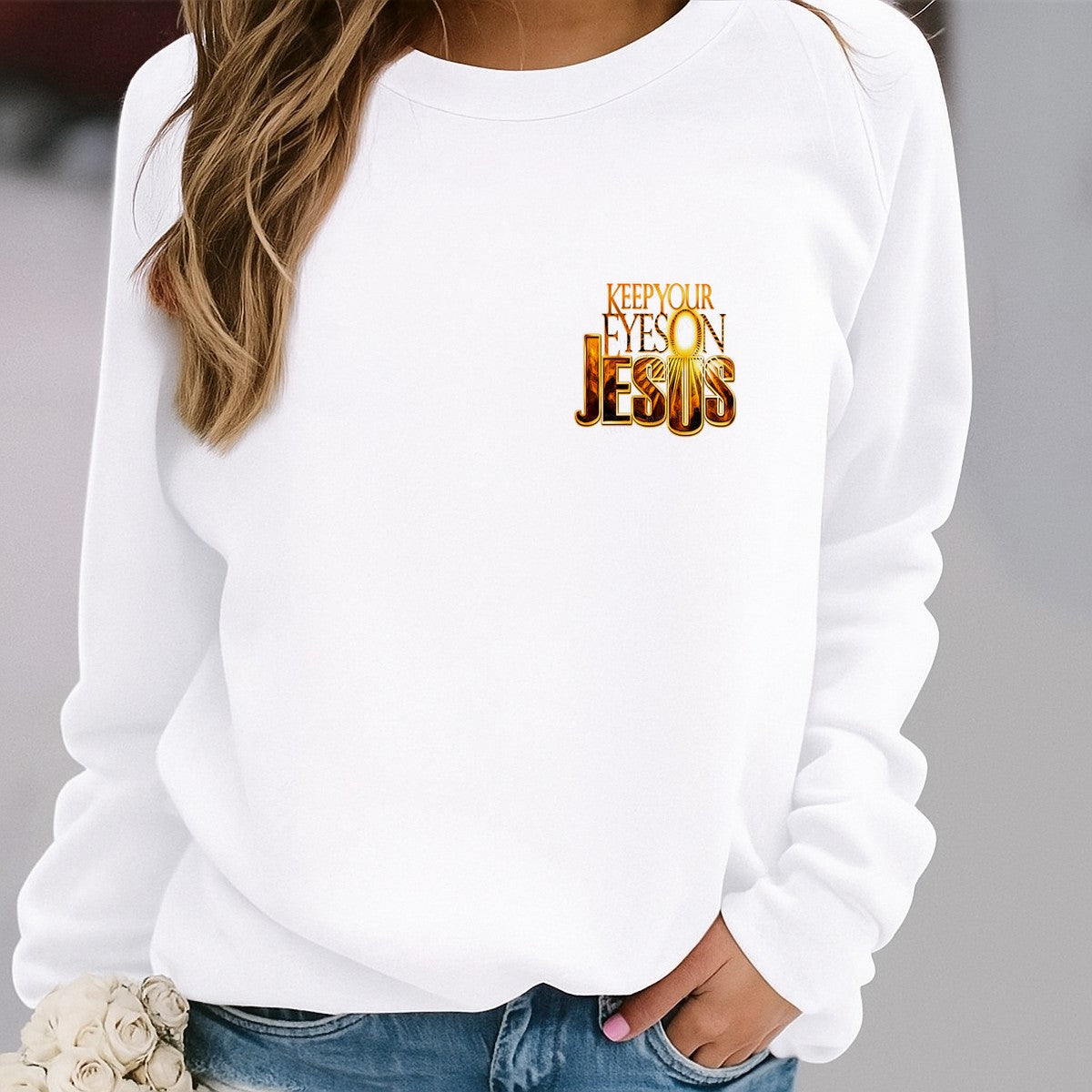 Christian Heat Transfer Keep Your Eyes On Jesus Gold Lettering Graphic for T Shirts Hoodies and Christian Apparel - 4