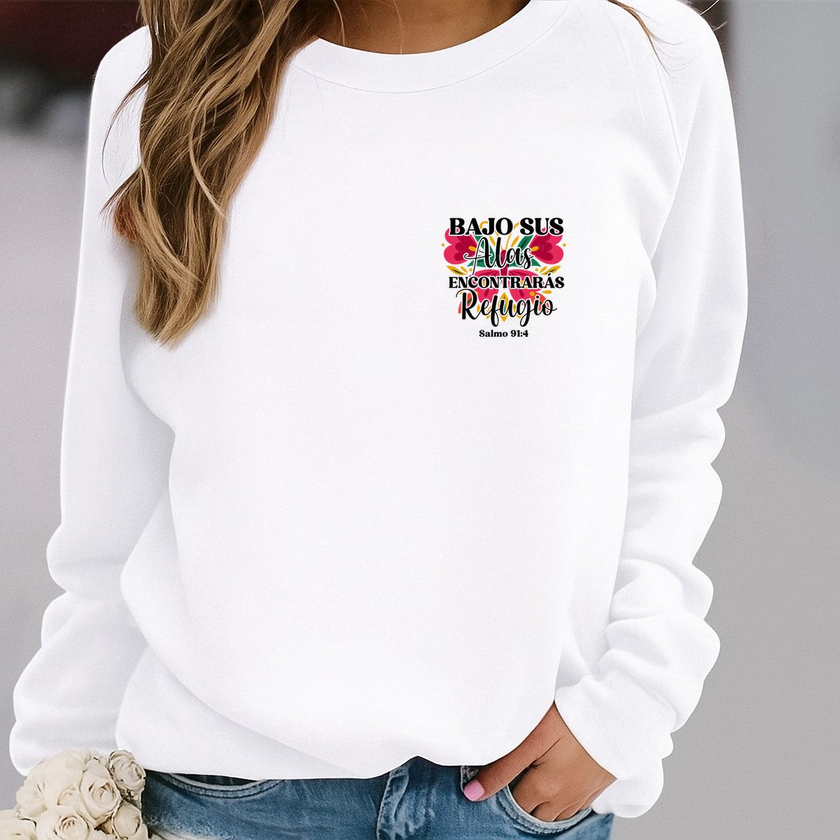 Christian Heat Transfer Bajo Sus Alas Encontrarás Refugio Salmo 91:4 Floral Spanish Scripture Design for Christian Apparel and Gifts - 4