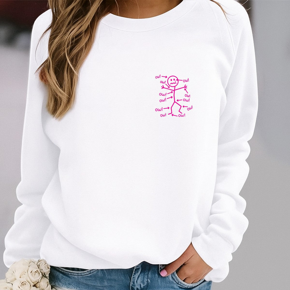 Funny Graphic Transfer Pink Stick Figure “Ow” Pain Diagram Cartoon for T Shirts Hoodies and Casual Wear - 4