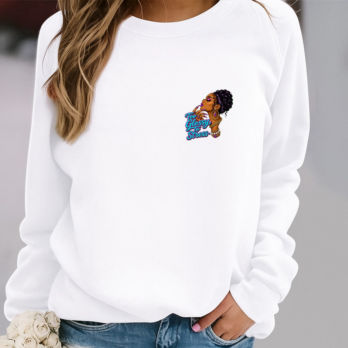 DTF Heat Transfer Too Glossy To Stress Glam Woman Graphic for T Shirts Hoodies and Tote Bags - 4